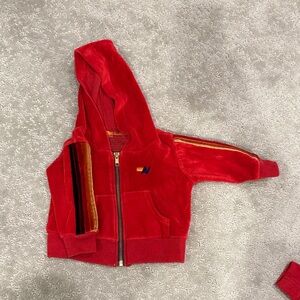 Aviator Nation Red Hooded Velour zip up sweatshirt Jacket with Striped Sleeve